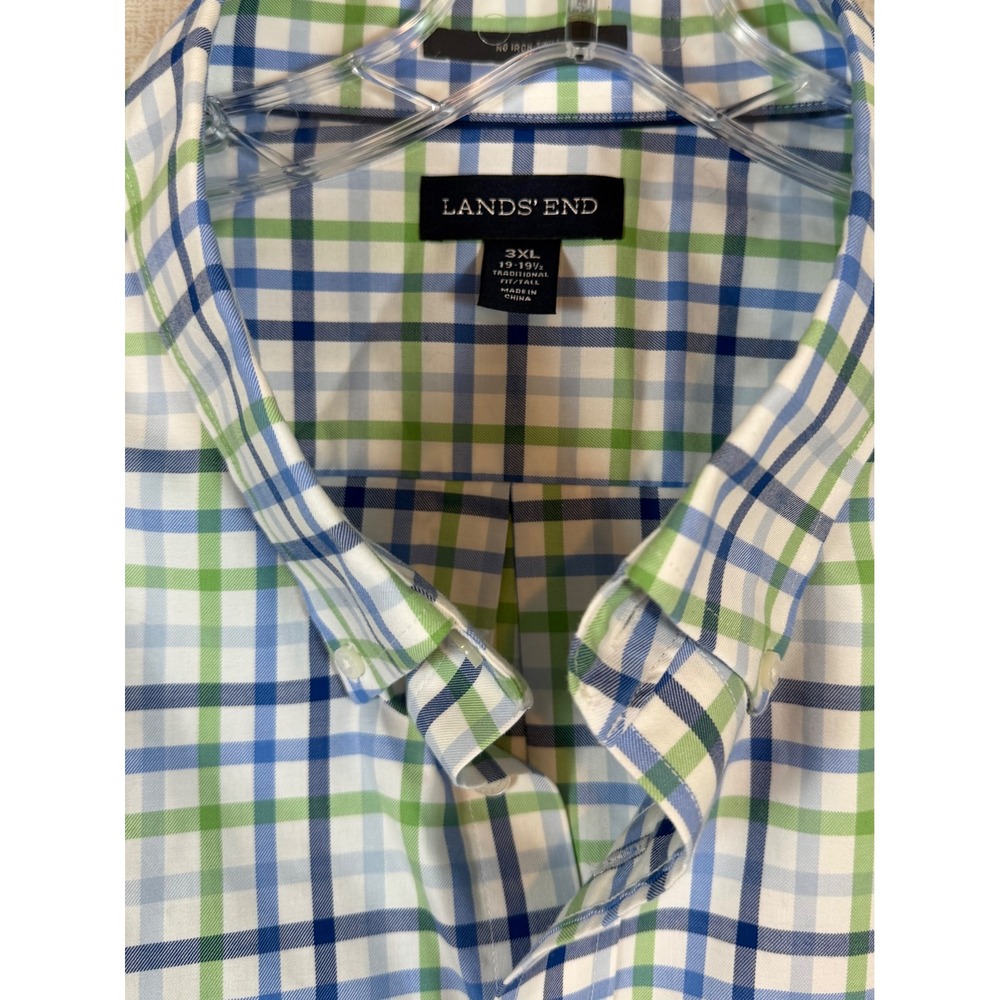 Lands End Mens 3XL Tall Blue Green Plaid No Iron Twill Button Down Shirt 19-19.5
